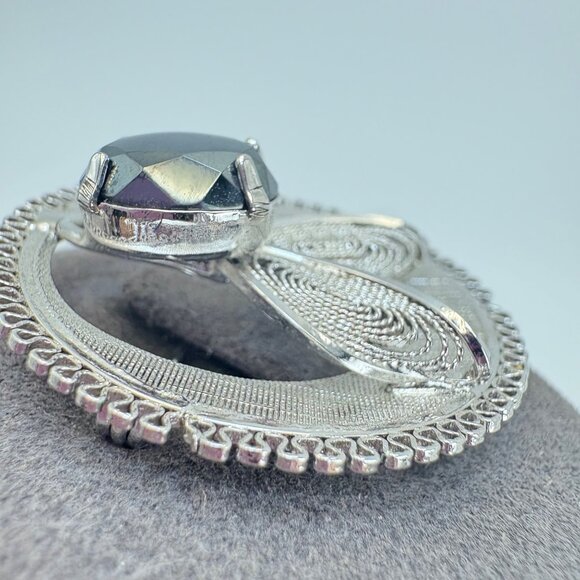 VTG Sterling SIlver 925 Hematite Flower Design Circle Brooch Size 1" Diameter - Picture 6 of 12